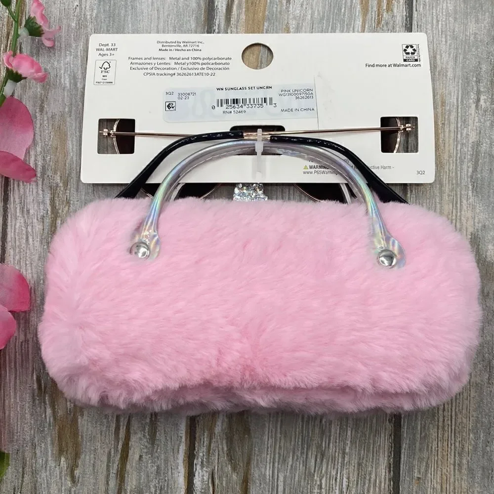 Girls Fun Summer Sunglasses With Unicorn & Bunny Faux Fur Carrying Cases